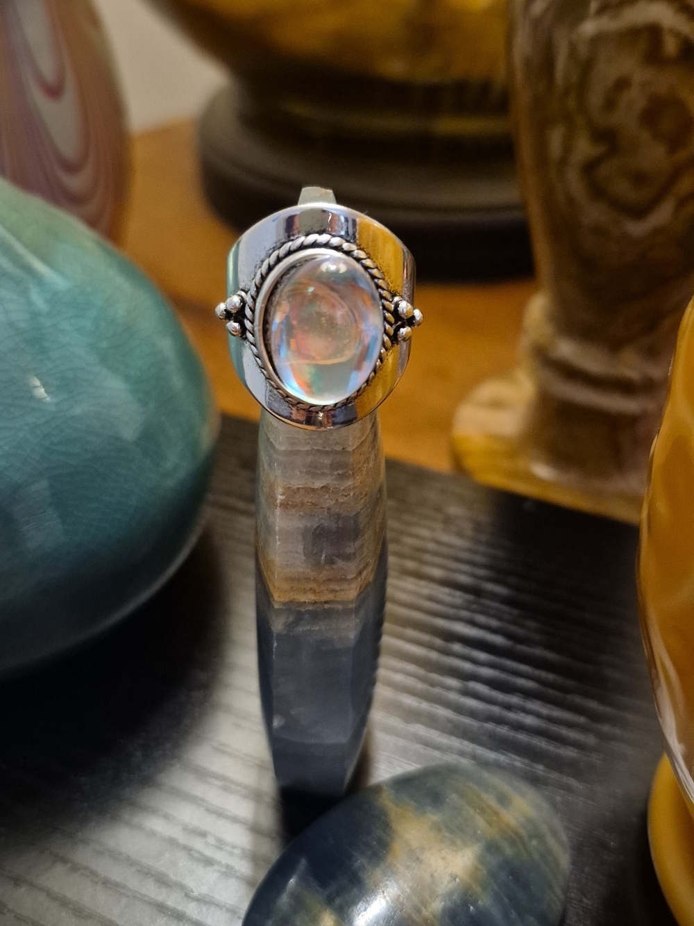 *NEW* Sterling Silver Fire Moonstone Oval Ring - Iridescent White